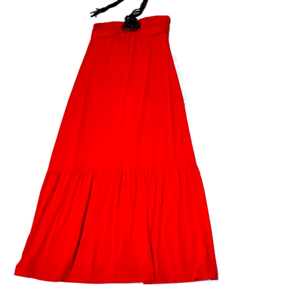 L8ter strapless Sundress with multiple string neck tie attached to wooden brooch